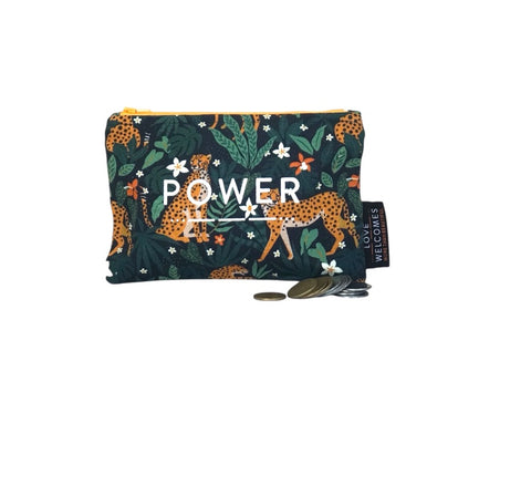 Coin purse with leopard jungle print, with the word POWER printed on top. 