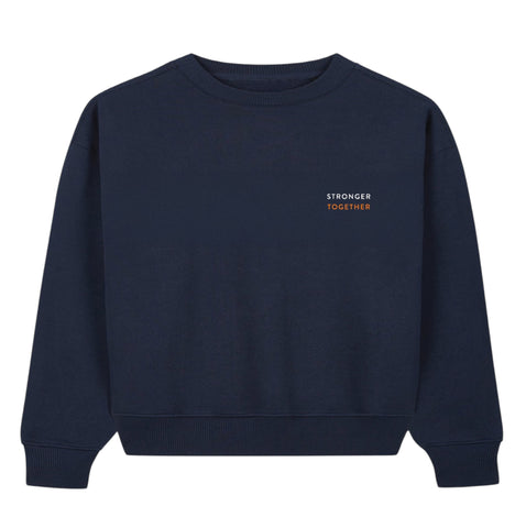 Navy crew neck unisex sweater with the text 'stronger together' on the front pocket area